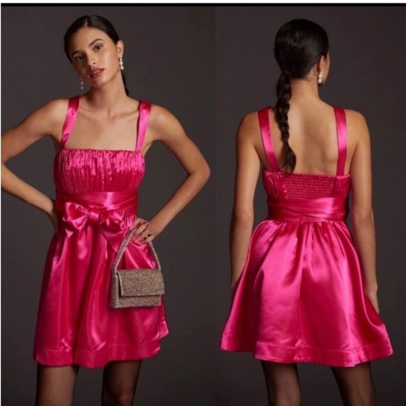 ANTHROPOLOGIE Maeve Pink Satin Mini Bow-Tie Pleated Fit & Flare Dress - Size 8 - Picture 3 of 16